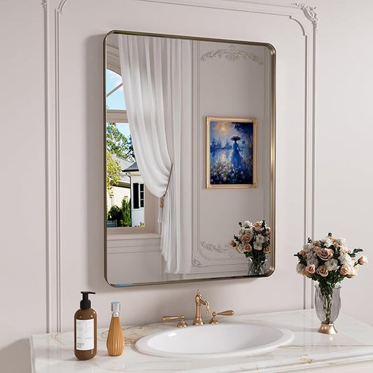 Bronze Bathroom Mirror 24x36 Inch, Brushed Bronze Metal Frame Mirror for Wall, Rounded Rectangle Bathroom Vanity Mirror with Tempered Glass, Anti-Rust, Horizontal/Vertical