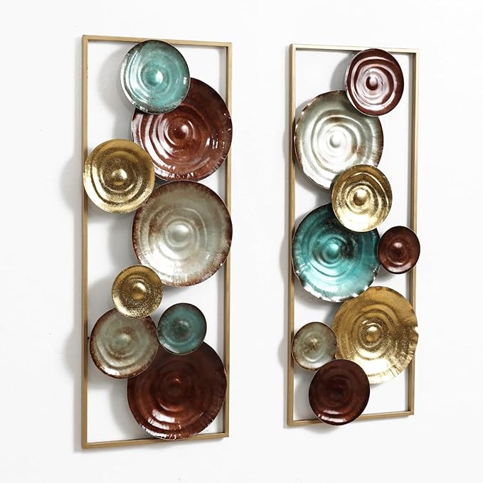 LuxenHome Metal Wall Art, Set of 2 Modern Multi-Color Gems Abstract Wall Decor Panels with Frame, 35" Hanging Sculptures Decor for Living Room, Metal Artwork Accent for Bedroom Dining Room Office