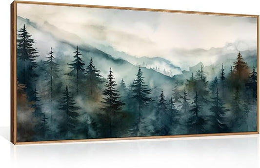 KAIRNE Watercolor Misty Forest Framed Canvas Wall Art Set, Nature Landscape Wall Decor, Foggy Mountain Pine Trees Wall Painting, Jungle Scenery Artwork for Living Room, Bedroom, Office 20"x40"