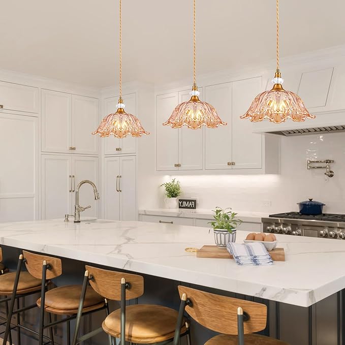 1 Piece Vintage Chandelier Light Fixtures with Amber Glass Shade,Matte Brass Finish Pendant Light for Kitchen,Hanging Light Fixture for Dining Room, Hallway, Living Room, Bedroom