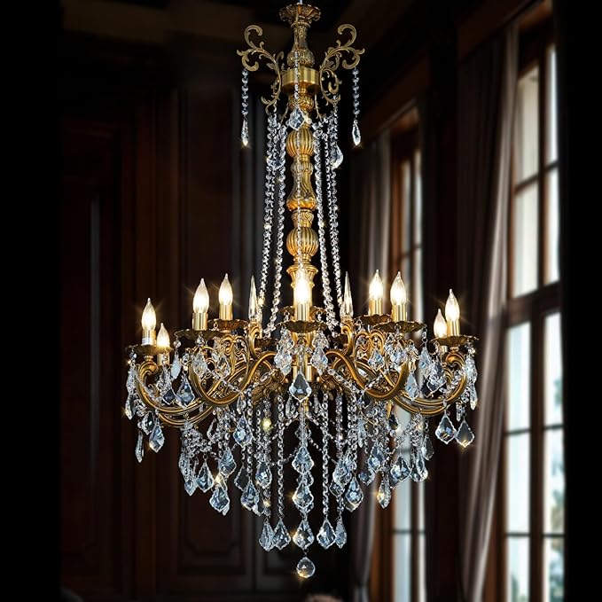 Modern Crystal Chandelier Lighting, Antique Gold Chandeliers for High Ceiling Foyer Entryway Living Room 15-Light Large Crystal Candle Light Fixture Staircase Oversize Round H54 D32