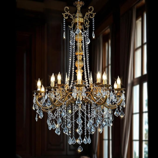 Modern Crystal Chandelier Lighting, Antique Gold Chandeliers for High Ceiling Foyer Entryway Living Room 15-Light Large Crystal Candle Light Fixture Staircase Oversize Round H54 D32