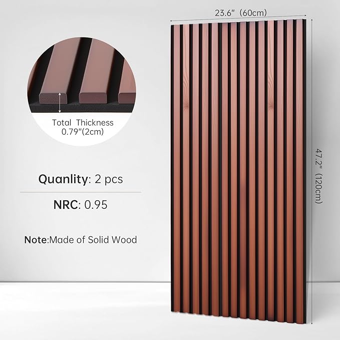 NAVREX 2 Solid Wood Slat Acoustic Panels for Wall and Ceiling - 3D Fluted Sound Absorbing Panel in Walnut Finish, Soundproof Wall Panels for Home Theater, Office & Bedroom Decoration with Flame Retardant Sound-absorbing Cotton (47.2 * 23.6in)