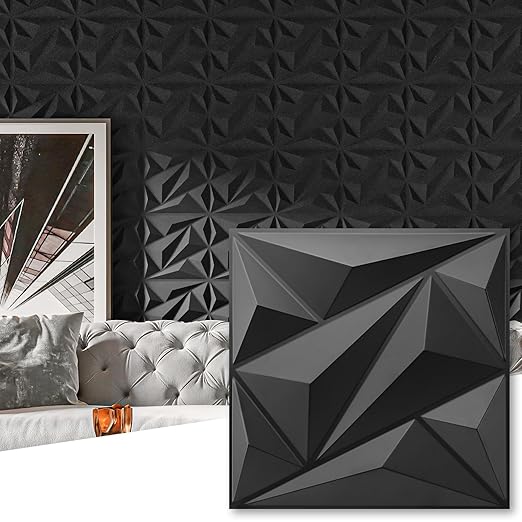 Art3dwallpanels 50 Pack 3D Wall Panel Diamond for Interior Wall Décor, PVC Flower Textured Wall Panels for Living Room Lobby Bedroom Hotel Office, Black, 12''x12''