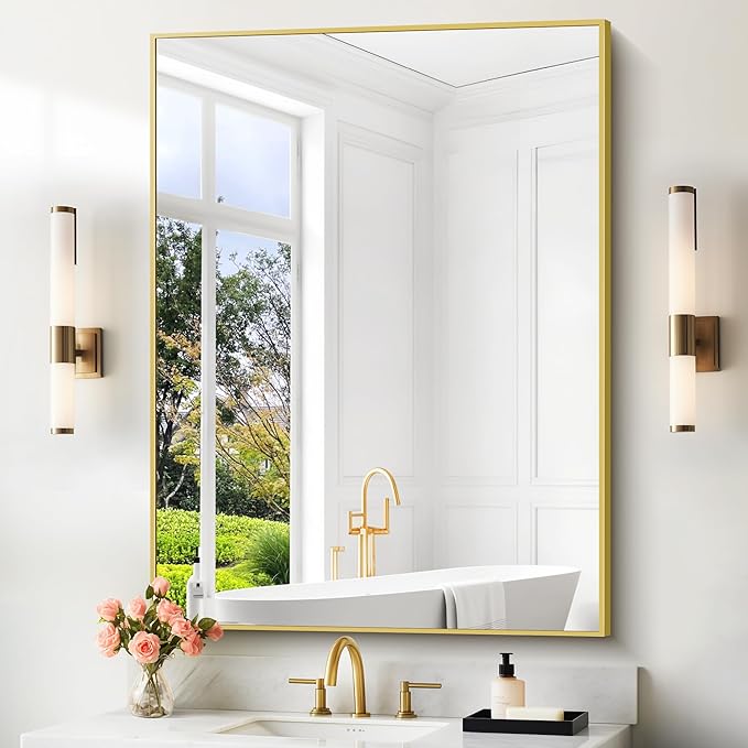 36x48inch Bathroom Mirror, Gold Rectangle Mirror with Thin Metal Frame, Large Rectangular Wall Mirrors for Bathroom, Living Room, Hair Salon, Big Farmhouse Mirror Hang Horizontal/Vertical