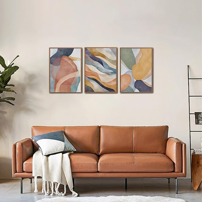 LHIUEM Large Abstract Neutral Framed Canvas Wall Art Set of 3(12”X16”)Colorful Watercolor Block Wall Art Colorful Office Decor Boho Geometric Illustrations Artwork for Living Room Bedroom Dining Room