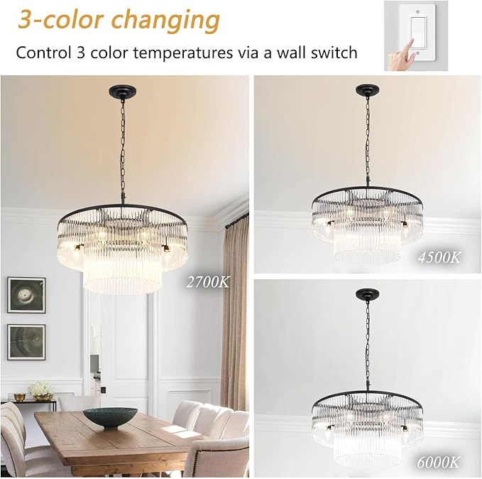 Black Modern Chandelier, 2-Tier Crystal Glass, 8-Light Round Dining Room Chandelier, Contemporary Pendant Ceiling Light for Bedroom Foyer Entryway, 23.6''