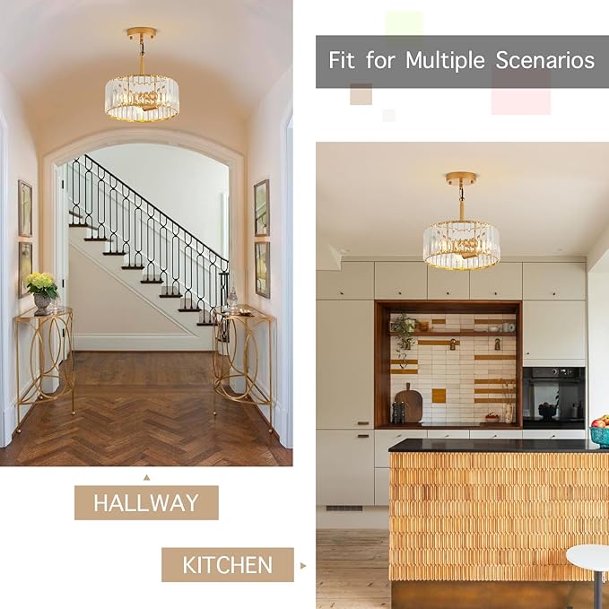 Modern Crystal Gold Chandelier for Dining Room,11.7 inch Semi Flush Mount Ceiling Dining Room Light Fixture with E12 Base*3,Round Pendant Lighting for Bedroom Hallway Bathroom Foyer Kitchen