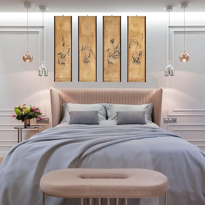 CIFIBIFUN Wall Asia Art Prints Posters,4 Panels Qi Baishi Shrimp China Ink Painting Replica Paper Scroll, Home Walls Decor Chinese Painting