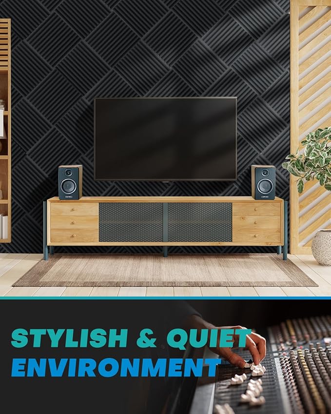 48 Pack Sound Proof Foam Panels for Walls with Self Adhesive, 12x12x1 Acoustic Foam Panels, High Density Acoustic Panels Sound Absorbing, Fire Resistant Studio Sound Proofing Black White