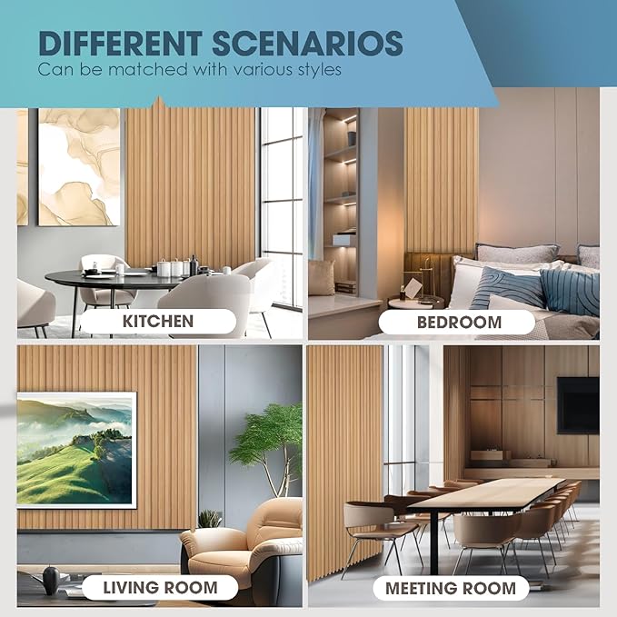 OUZUGIE WPC Acoustic Slat Wall Paneling, 8-Pack 114 x 6 Inches 3D Wall Panels for Interior Wall Decor,Living Room,TV Background,Study Room,Office Spaces,Bedroom,High Grille (Oak)