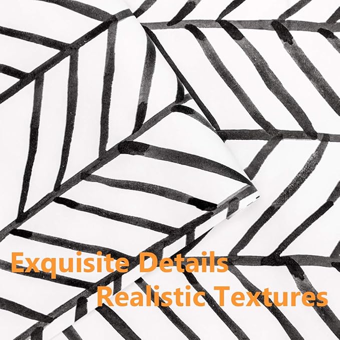 MulYeeh 17.5'' x 314'' Adhesive Peel and Stick Paper Herringbone Black White Wallpaper Removable Wall Covering Prepasted Decorative