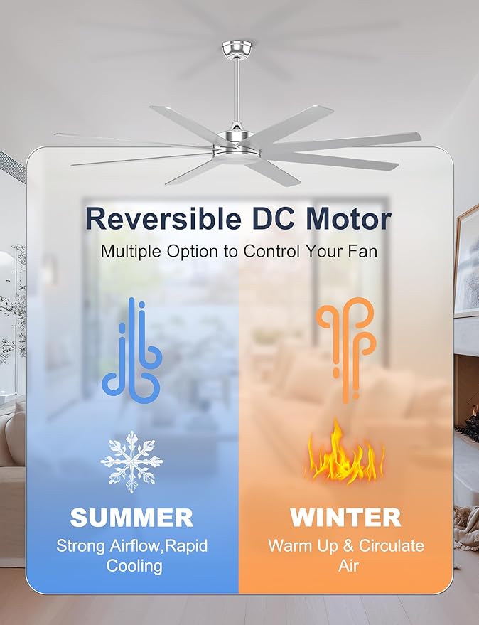 72'' Silver Ceiling Fans With No Lights, 8 Blades Large Ceiling Fan Remote/APP Control, Silent Shop Ceiling Fan for Garage Covered Outdoors