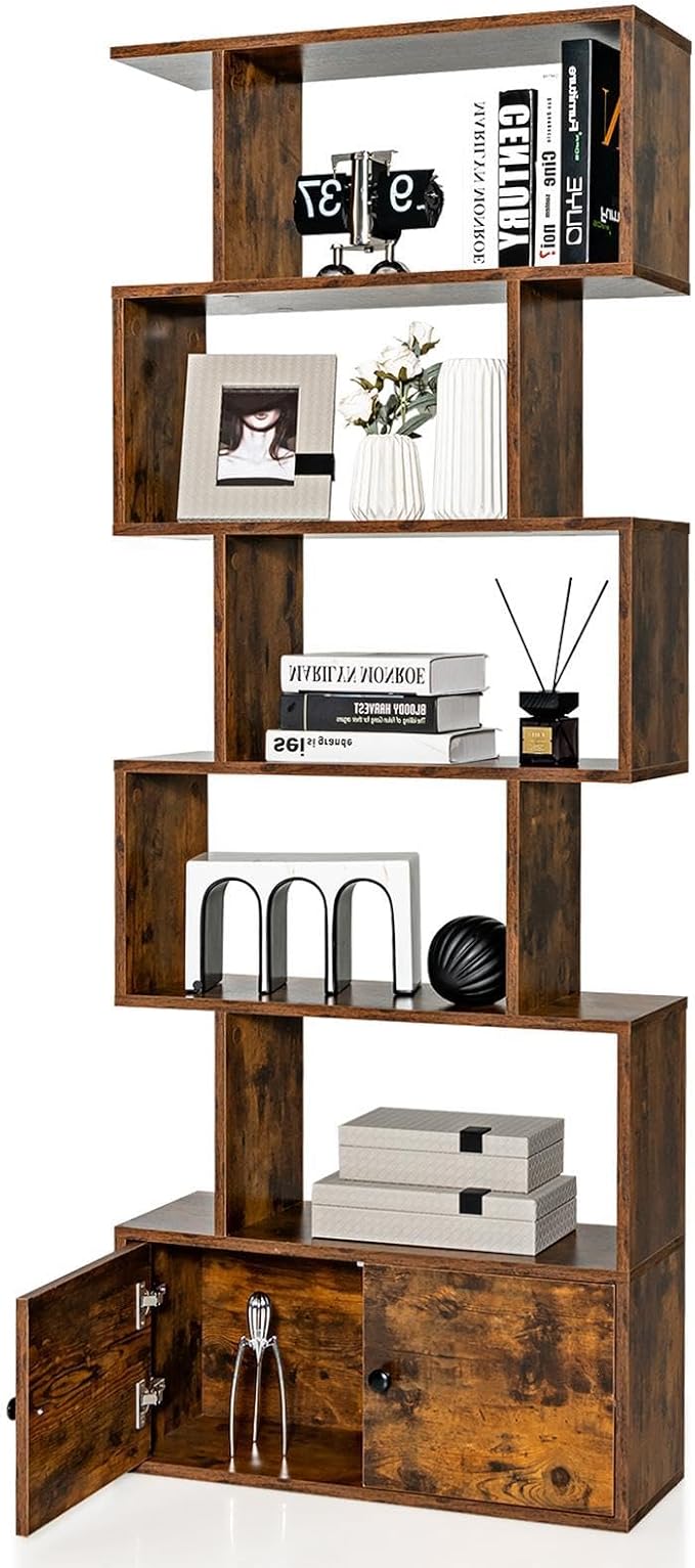 6-Tier Geometric Bookcase, 72” Freestanding Room Divider Bookshelf with Open Display Shelves & Multi-use Storage Cabinet, Wood S-Shaped Storage Organizer for Living Room, Bedroom & Home Office