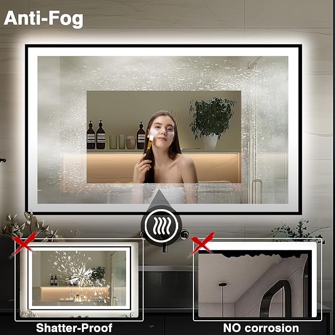 66x36 LED Lit Bathroom Mirror - Black Framed, Front and Backlit LED Mirror, Anti-Fog Bathroom Mirror with Lights, 3 Colors Stepless Dimmable Mirror, Touch Sense (Horizontal/Vertical)