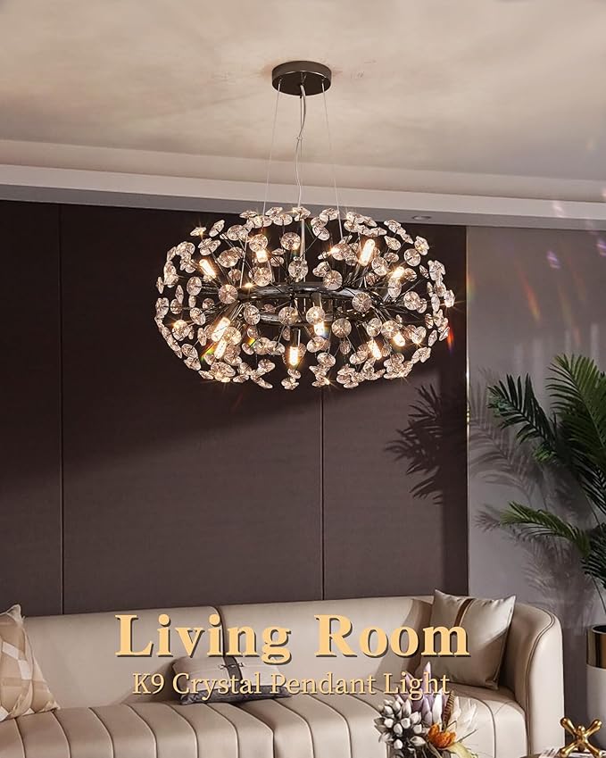 Modern Firework Chandelier, Farmhouse Black Crystal Round Dandelion Sputnik Chandeliers, 23.62" Contemporary 12-Light Pendant Hanging Lighting for Dining Room Kitchen Bedroom Living Room
