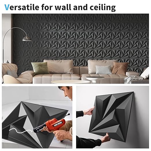 Art3d 100 Pack Decorative 3D Wall Panels 11.8 x 11.8 Inch Covering 97 Sq.ft - Glue Up PVC Wall Panels for Interior Wall Décor, Living Room, Office and Home, Black
