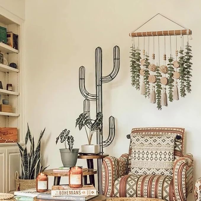 Boho Bathroom Decor Artificial Eucalyptus Hanging Wall Decor Fake Greenery Leaves Plants Wicker Ball on 16.5 inch Stick Rustic Farmhouse Natural Bedroom Kitchen Nursery Office Decorations