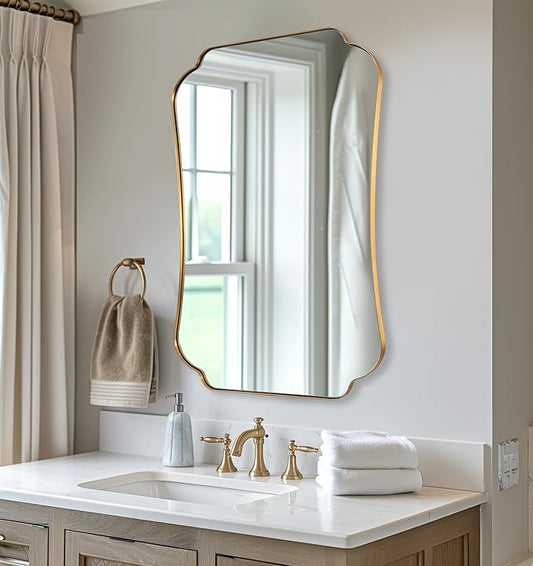 ANDY STAR 24"x36" Gold Mirror, Brushed Brass Scalloped Wall Mirror, Bathroom Wall Mirror with Stainless Steel Metal Framed Ideal for Bedroom, Hallway