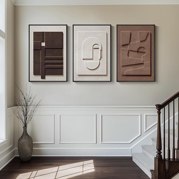 Large 3D Textured Framed Neutral Abstract Wall Art for Living Room, 3 Piece Modern Artwork for Walls, Minimalist White and Brown Geometric Wall Paintings for Hallway, Stair, Office Wall Decor 24x36 In