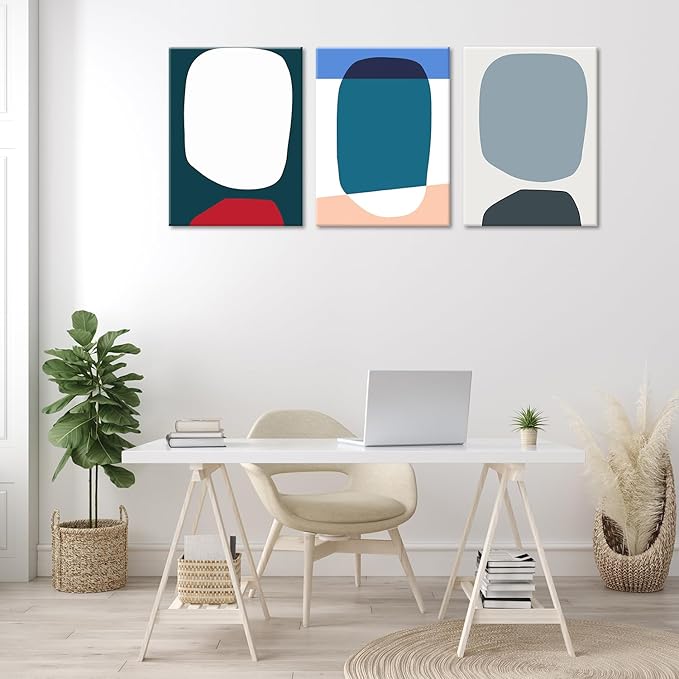 ouiytws Color block simple abstract wall art canvas prints, blue, white, pink of modern simple style, mostly used in the living room, study, bedroom decoration. Frame 16 X 24 in X 3 pieces