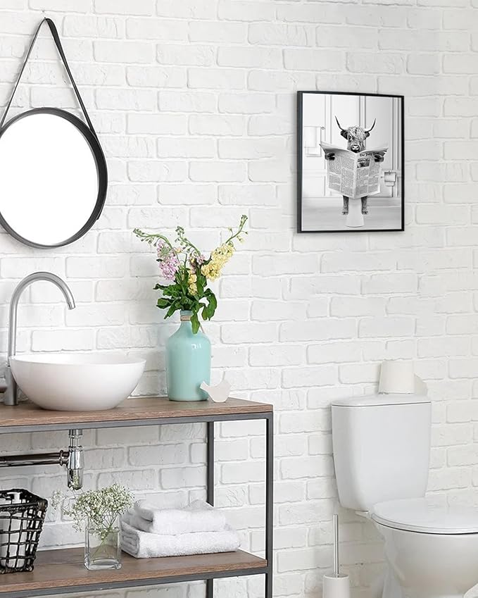 KBKBART Framed Highland Cow Bathroom Art, 12x16 Inch Canvas Cow in Bathtub, Black and White Wall Art, Cute Humor Animal Bathroom Decor