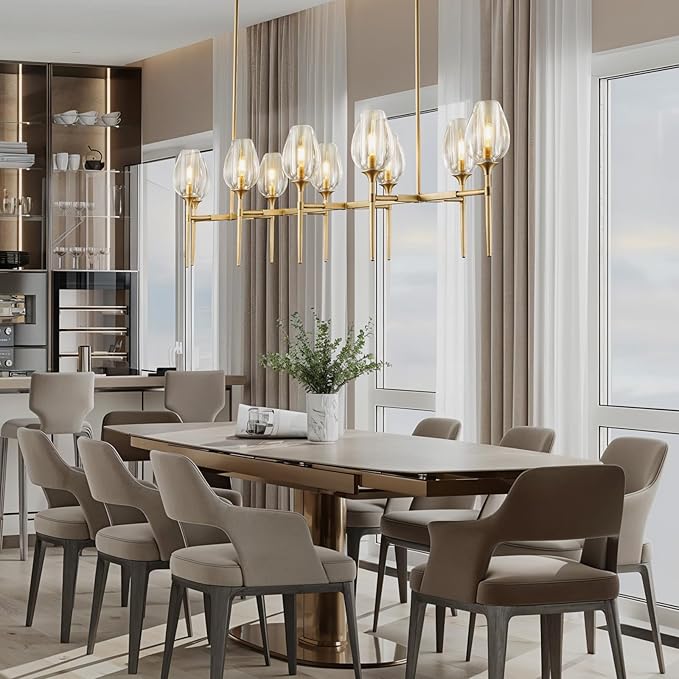 Modern Crystal Chandelier 10 Lights Brass, 65in Gold Rectangle Tulip K9 Crystal Chandeliers, Large Chandelier Ceiling Light for Dining Living Room Bedroom Entryway, E12 Bulbs Included