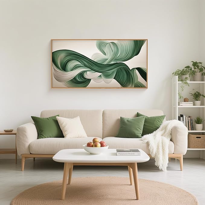 KAIRNE Green Abstract Neutral Wall Art Set, Minimalist Green Lines Wall Decor, Modern Flowing Texture Painting for Living Room, Bedroom, Office, Framed Easy to Hang 20x40 Inches