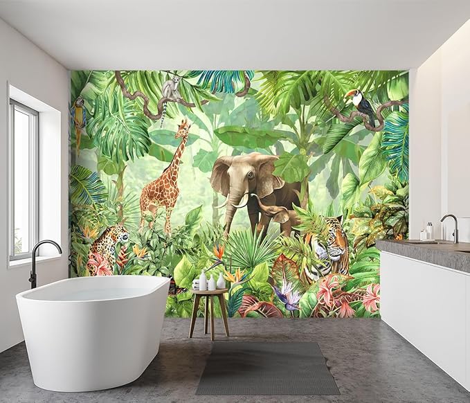 -Green Rainforest Plants Animals Tiger Cloth Wallpaper Jungle Plants Banana Leaves Boys Girls Kindergarten Children's Room Large Mural- 91"x65"（ not Peel and Stick）