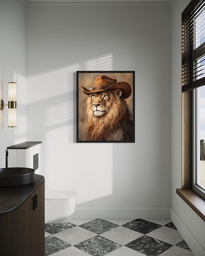 Lion Cowboy Art Print Poster Wall Art, Western Country Farmhouse Wild West for Bedroom, Bathroom, Living Room Art Decor 58 (Lion, 8 x 10 inches, Black Frame)