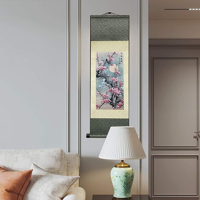 AtfArt Asian Wall Decor Beautiful Silk Scroll Painting Flowers - Plum - Red Plum Primula Primula Rubra Oriental Decor Chinese Art Wall Scroll Wall Hanging Painting Scroll (36.2 x 12 in)