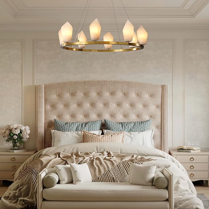 Alabaster Chandelier, 31.5" 8-Light Large Round Chandeliers for Living Room with Bulb, Wagon Wheel Chandelier for Entryway, Farmhouse Chandeliers for Bedroom, Gold Foyer Lighting Fixtures