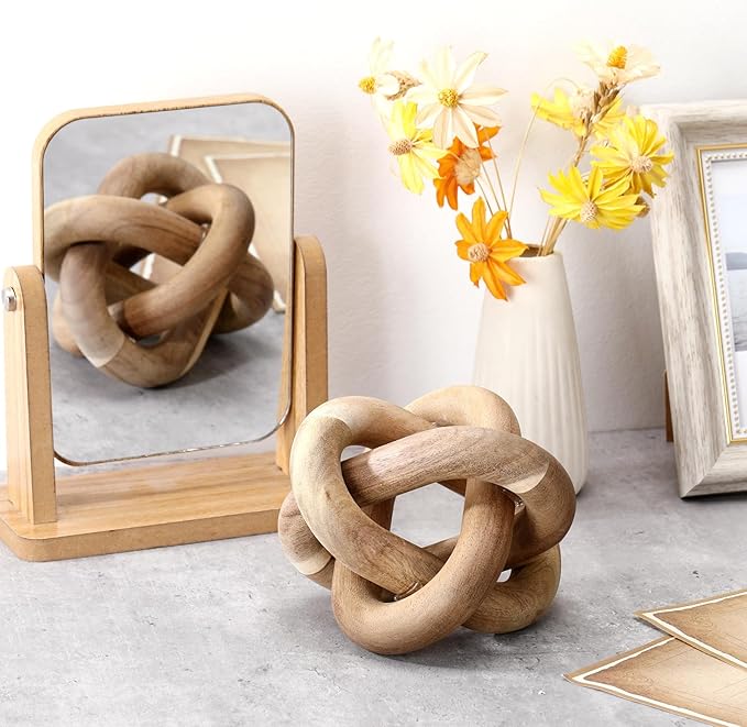 3 Link Wood Knot Decor - Hand Carved Coffee Table Decoration, Boho Chain Link Decor, Modern Shelf, Rustic Objects for Home Living Room Bedroom (Acacia Wood)