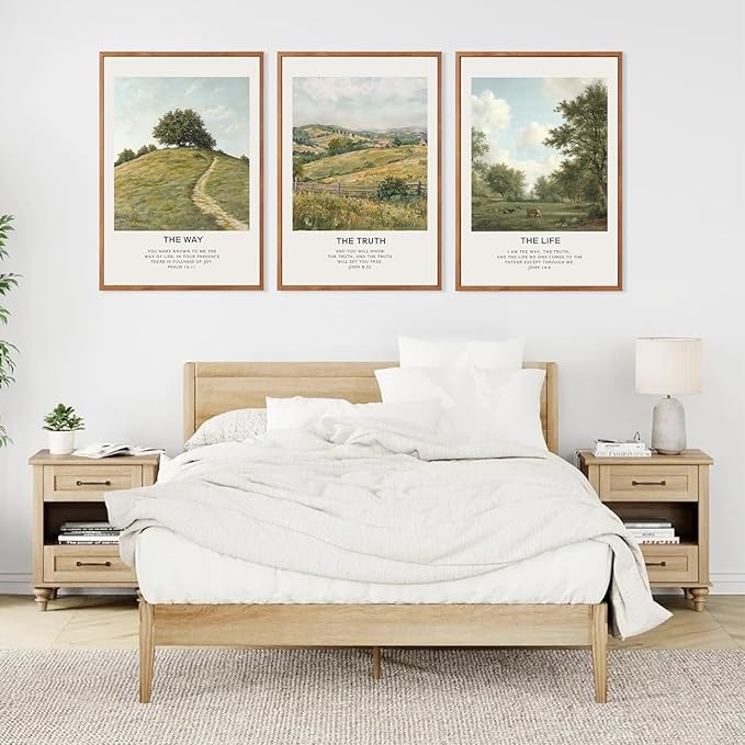 LHIUEM Christian Bible Verse Framed Canvas Wall Art,Vintage Jesus Wall Decor,Religious Scripture Landscape Painting,Natural The Way The Truth Artwork for Living Room,Bedroom,Dining Room -16"x24"x3