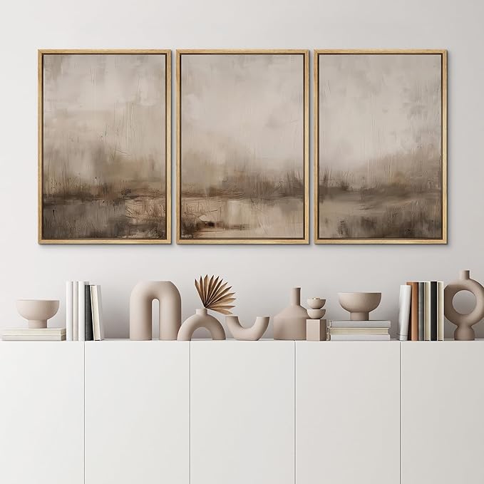 MUDECOR Framed Wall Art Print Set Minimalist Abstract Landscape Misty Horizons Illustrations Modern Art Decorative Chic for Living Room, Bedroom, Office - 24"x36"x3 Natural