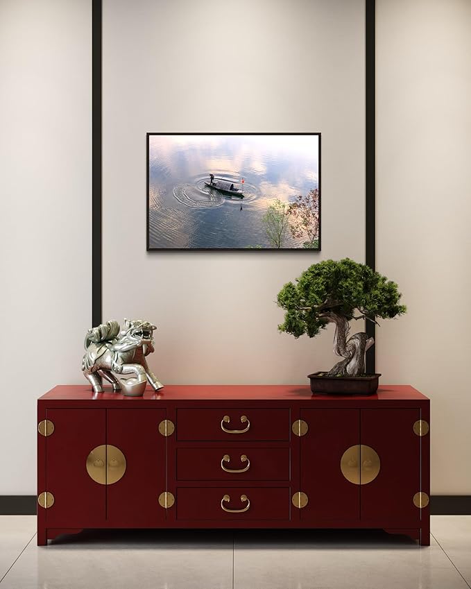 Oriental Beauty: Stunning Feng Shui Landscape Wall Art Prints for Home Decor in 3 Sizes (Silent Waters: Traditional Boatman at Dawn, 24" x 36")