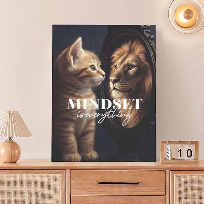 Motivational Lion And Cat Wall Art For Kids Mindset Is Everything Nursery Canvas Wall Decor Inspirational Pictures Paintings Prints Artwork Framed Decorations For Children's Room Bathroom Bedroom Living Room Office Gifts 12" x 16"