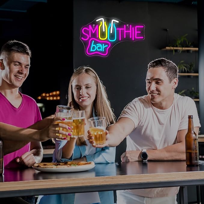 Looklight Smoothie Bar Neon Sign,Words Neon Signs for Wall Decor,Pink Letter LED Neon Light Bar Sign, Light Up Signs for Store Beverage Cool Smoothie Bar Shop