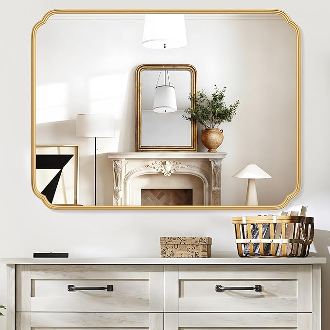 36 x 48 Inch Gold Bathroom Vanity Mirror for Wall with Non-Rusting Metal Frame Large Rounded Rectangle Mirror for Over Sink (Horizontal/Vertical)