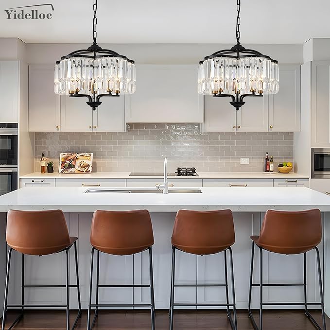 Modern Crystal Chandelier for Dining Room - Adjustable 5 Lights Black Farmhouse Pendant Light Fixture Hanging for Foyer Bedroom Living Room Hallway Kitchen