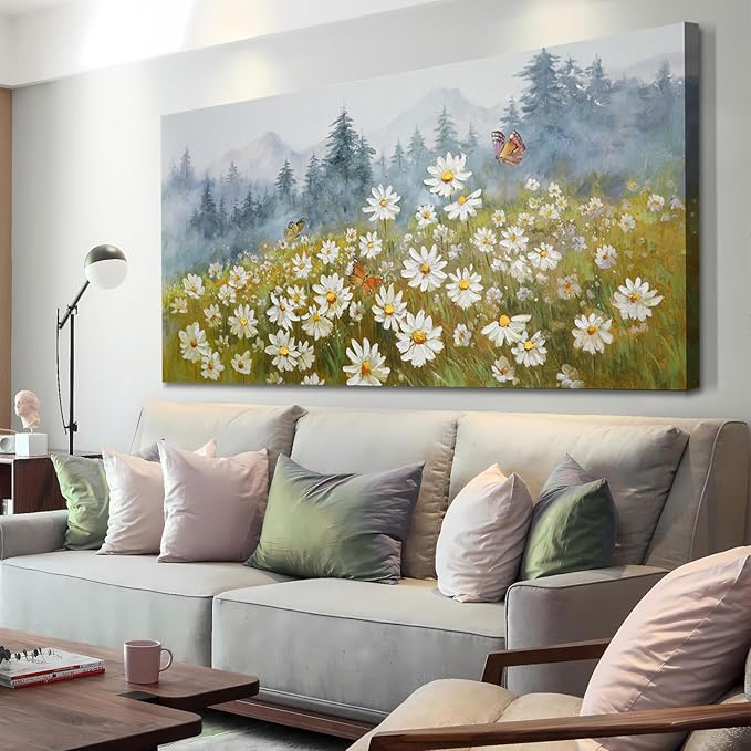 Arjun Flower Wall Art Daisy Painting Textured Paintings, Canvas Art Wall Decor, Extra Large Wall Art for Bedroom, Daisy Art Large Paintings for Living Room Home Office Dining Room 58"x29"