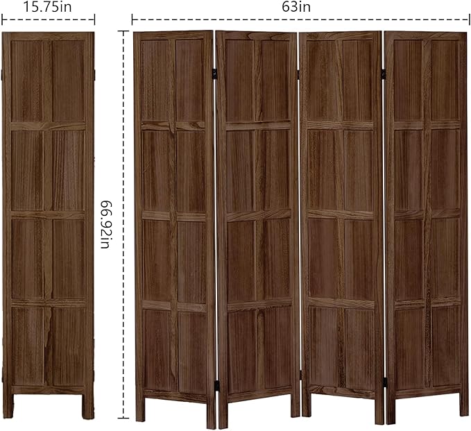 4 Panel Room Divider and Folding Privacy Screen, Classic 5.6Ft Wood Room Divider Wall, Partition Screen Divider for Room Separation for Home Office, Bedroom, Office, Dressing Room, Brown