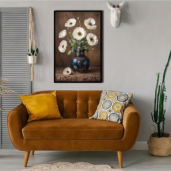 Vintage white poppy flowers canvas painting ornate blue vase gold floral pattern rustic textured wood background ruffled petals green leaves vertical composition botanical wall art home decor