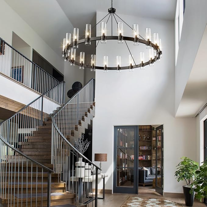 60" Black Wagon Wheel Chandelier, Large 20-Light Farmhouse Round Pendant Light Fixture with Glass Shade, Hanging High Ceilings Chandeliers for Dining Room Kitchen Foyer Entryway Living Room