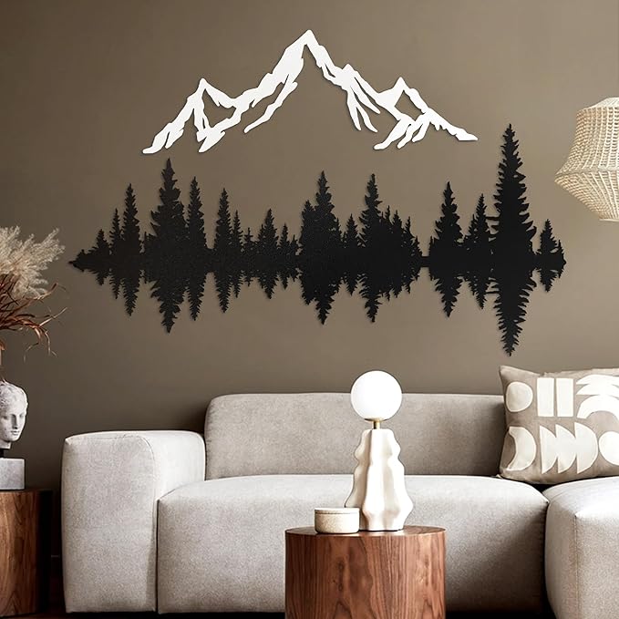Metal Mountain Wall Art 40" x 32", Mountain Wall Decor, Art Wall Hangings for Living Room, Bedroom, Black and White, 40 Inch Long