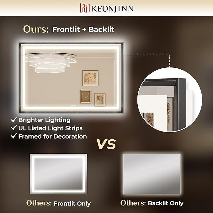 Keonjinn 72 x 36 Inch LED Mirror for Bathroom Large, Black Frontlit & Backlit Bathroom Mirror, HD Shatter-Proof Tempered Glass, UL Listed LED Driver, Beveled Framed, 3 Color Lights, Dimmale, Anti-Fog