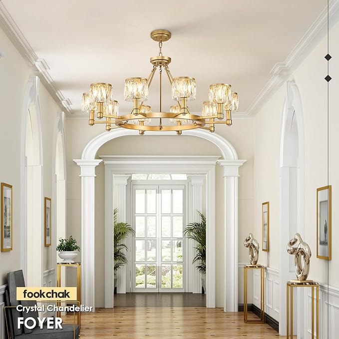 10-Light Crystal Glass Chandelier Round 38" Gold Wagon Wheel Chandelier Modern Crystal Entry Light Fixture with Adjustable Chain for Dining Room Foyer Bedroom