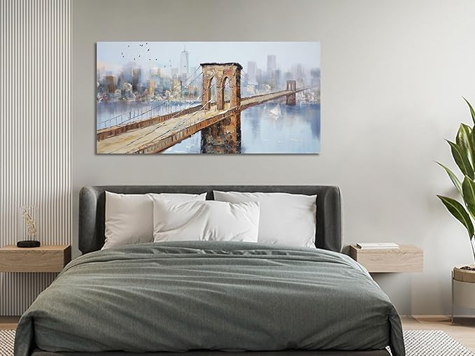 Arjun Brooklyn Bridge Canvas Wall Art New York Skyline City Painting, NYC Picture Textured Artwork Framed for Bedroom Living Room Home Office Wall Decor, Large 48"x24"