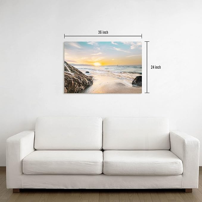 Coastal Canvas Wall Art Picture: Bathroom Beach Ocean Scene Print Seascape Sea Sunset Artwork Seaside Sailboat Rock Seashore Painting for Home Living Room Decorations 36 x 24 Inch