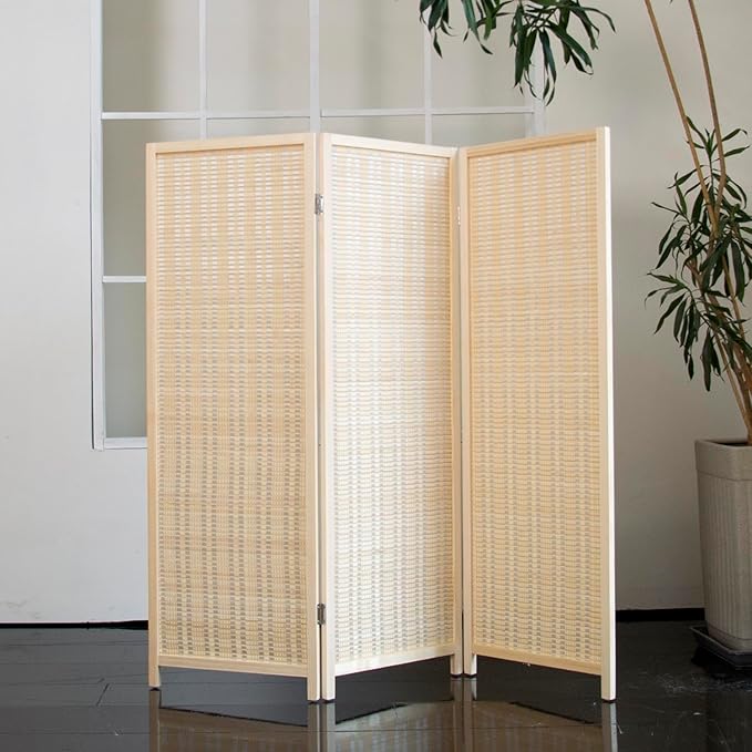 3 Panel Short Room Divider Folding Screen,47 inch Bamboo Panel Divider for Home Partition,Beige